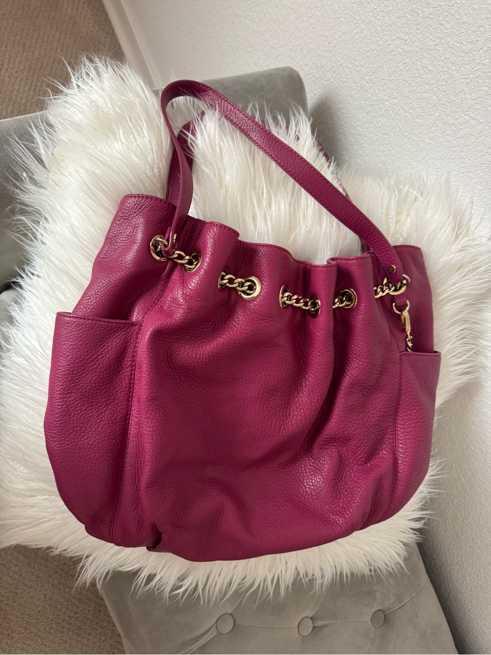Michael Kors Magenta Pebbled Leather Drawstring Hobo with Gold Chain